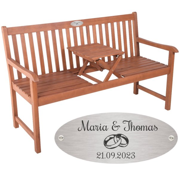 Bank zur Hochzeit mit Gravur zB. Ringe (Name/Datum), Klapptisch Gartenbank Padang 142cm, Edelstahlschild personalisiert, Paar-Geschenk zur Vermählung