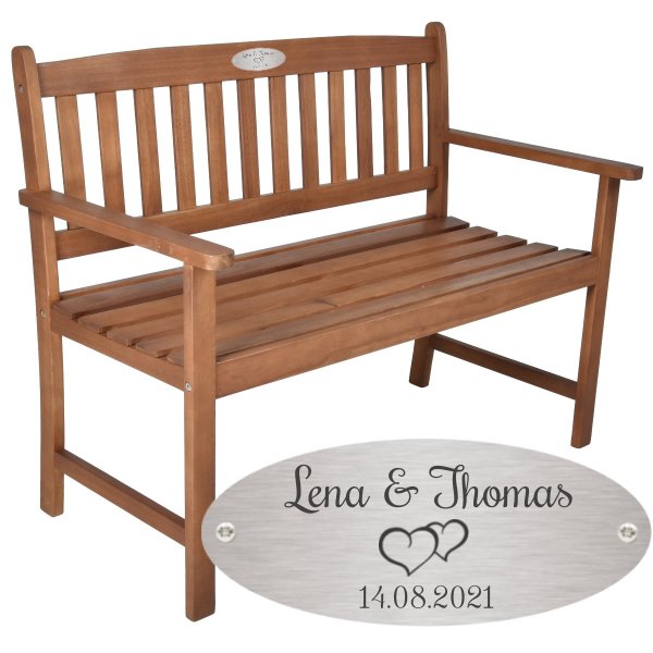 Silber Hochzeit Bank mit Gravur zB. Herzen (Namen/Datum) Gartenbank Basic 110cm Akazie geölt, Edelstahlschild personalisiert, Geschenk zum Hochzeitstag