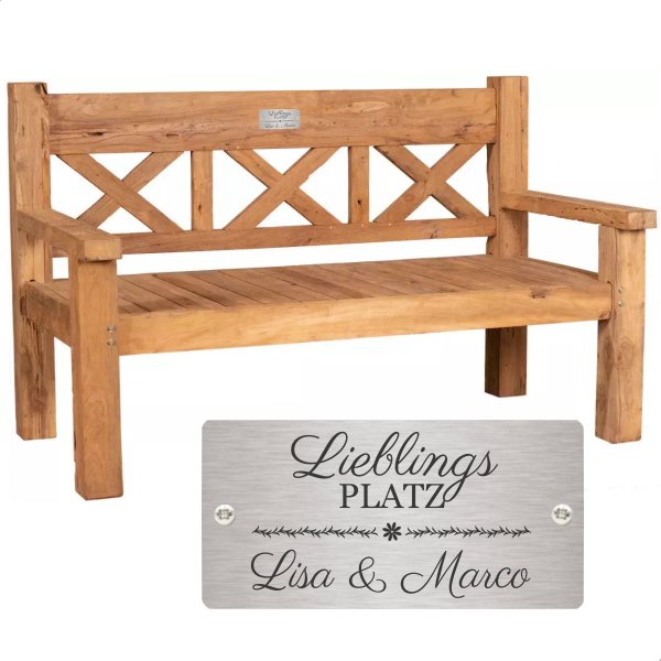 Hochzeitsbank mit Gravur-Schild zB. Lieblingsplatz (Namen) Teakholz Gartenbank Rustique 160 cm, Edelstahlschild personalisiert, Geschenk zur Hochzeit/Vermählung