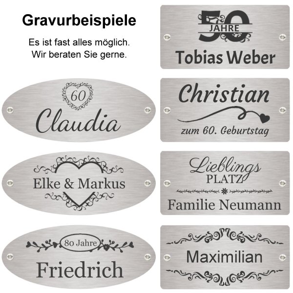 Bank zum Geburtstag mit Gravur-Schild zB. Ranken (Namen/Datum), Teakholz Gartenbank Mendip 130cm, Edelstahlschild personalisiert, Geschenk zum Jubiläum