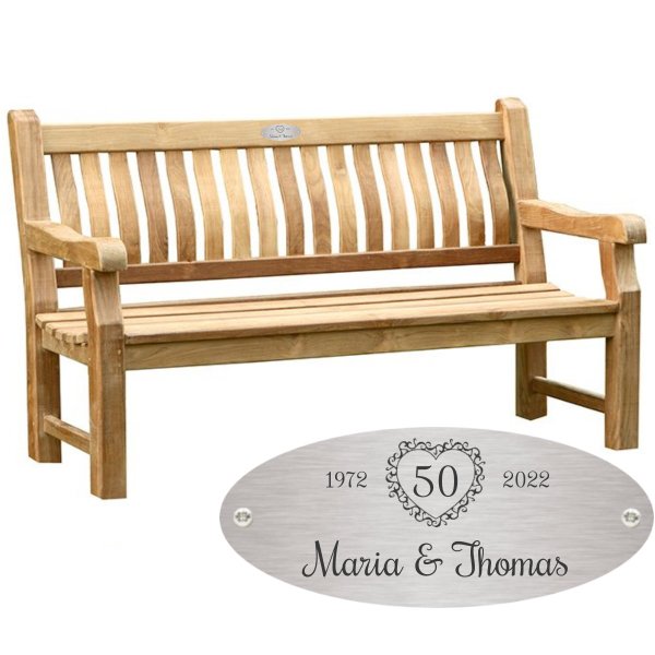 Bank zur goldenen Hochzeit mit Gravur-Schild zB. Herz mit Zahl (Namen), Teakholz Gartenbank Parkbank 165cm, Edelstahlschild personalisiert, Geschenk 50. Hochzeitstag