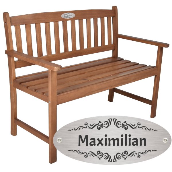 Bank zum Ruhestand mit Gravur zB. Ranke Ornament (Name) Gartenbank Basic 110cm Akazie geölt, Edelstahlschild personalisiert, Geschenk für Rentner