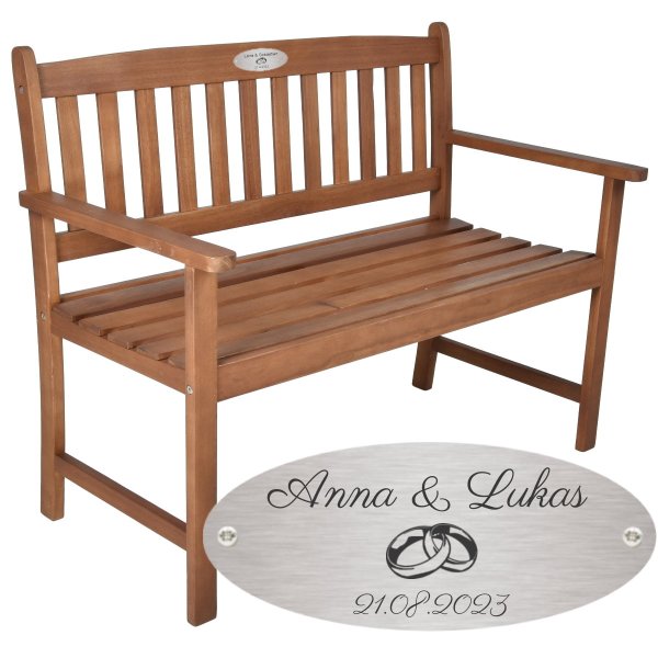 Hochzeitsbank mit Gravur zB. Ringe (Namen/Datum) Gartenbank Basic 110cm Akazie geölt, Edelstahlschild personalisiert, Bank Geschenk zur Hochzeit