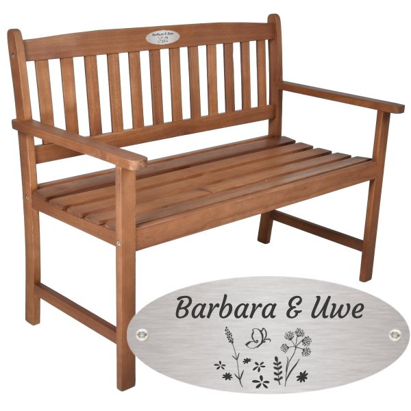 Bank zur Goldhochzeit mit Gravur zB. Blumenwiese (Namen) Gartenbank Basic 110cm Akazie geölt, Edelstahlschild personalisiert, Geschenk goldene Hochzeit