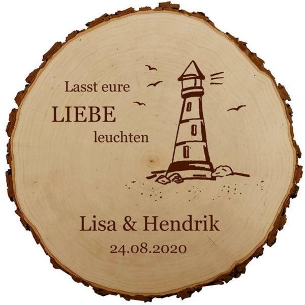 Sterngraf Baumscheibe 30cm mit Gravur (Namen und Datum) personalisierte Holz-Scheibe Leuchtturm Geschenke  Paare zur Hochzeit Jubiläum MotivH2