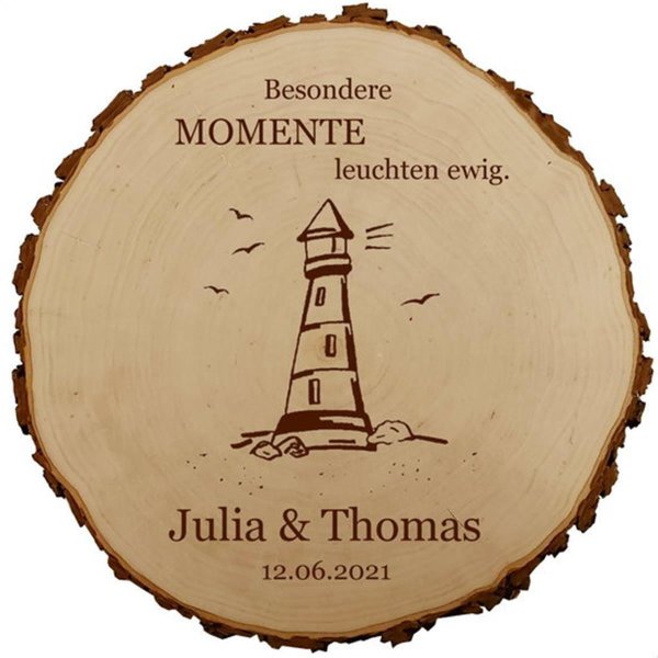 Sterngraf Baumscheibe 30cm mit Gravur (Namen Datum) personalisierte Holz-Scheibe Leuchtturm Geschenke zur Hochzeit Vermählung  Paare MotivH4