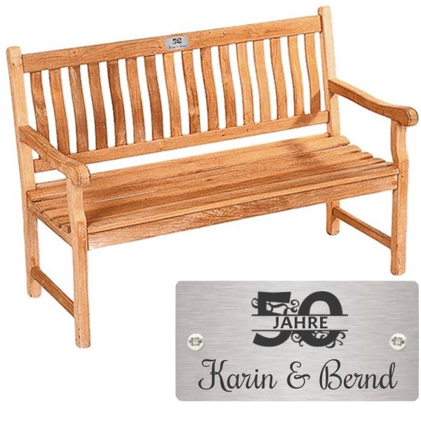 Bank zur Goldhochzeit mit Gravur-Schild zB. Zahl (Namen), Teakholz Gartenbank Mendip 130cm, Edelstahlschild personalisiert, Geschenk 50. Hochzeitstag