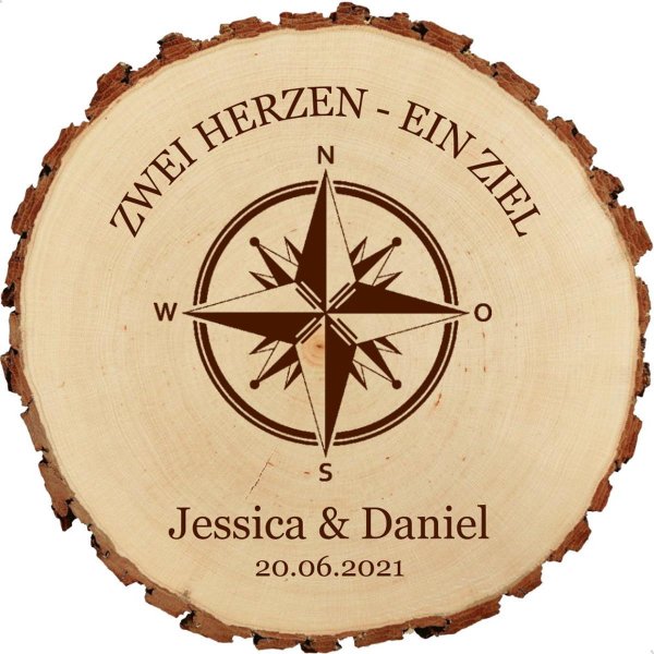 Sterngraf Baumscheibe 23cm mit Gravur (Namen Datum) personalisierte Holz-Scheibe Kompass Hochzeitsgeschenke  Paare Hochzeitsdeko MotivH1