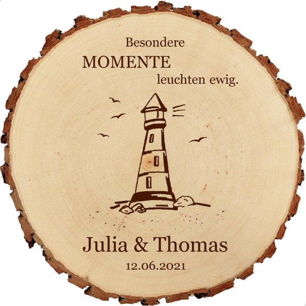 Sterngraf Baumscheibe 23cm mit Gravur (Namen und Datum) personalisierte Holz-Scheibe Leuchtturm Geschenke  Paare zur Hochzeit Jubiläum MotivH4