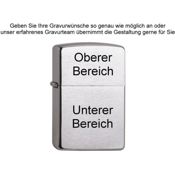 Zippo Feuerzeug mit Diamantgravur (zB Namen Datum Initialen) PL 200 Chrome Brushed Gravur personalisiert