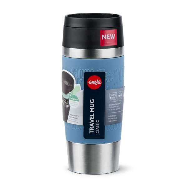 Emsa Isolierbecher 360ml TRAVEL MUG Manschette hellblau/aquablau, to go Thermo-Becher