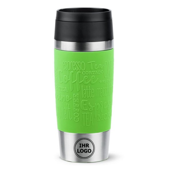 Emsa Isolierbecher mit Gravur (zB Logo) 360ml TRAVEL MUG Manschette limette/grün, personalisierte Mitarbeitergeschenke Werbegeschenke