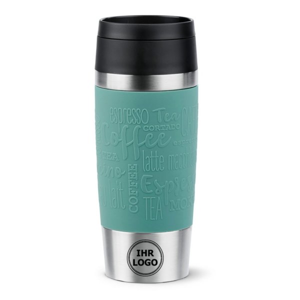 Emsa Isolierbecher mit Gravur (zB Logo) 360ml TRAVEL MUG Manschette petrol, personalisierte Mitarbeitergeschenke Werbegeschenke
