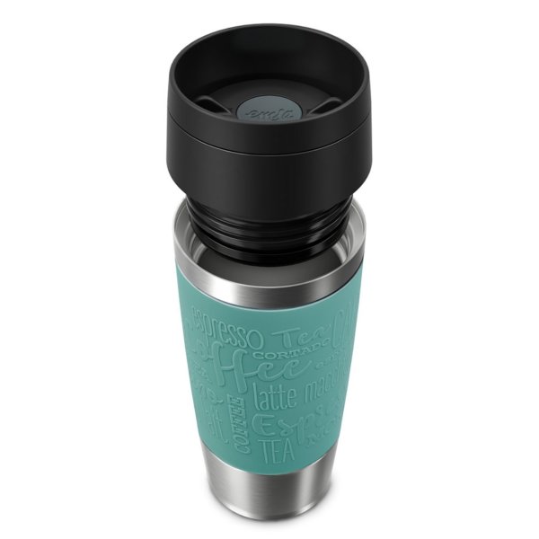 Emsa Isolierbecher mit Gravur (zB Logo) 360ml TRAVEL MUG Manschette petrol, personalisierte Mitarbeitergeschenke Werbegeschenke