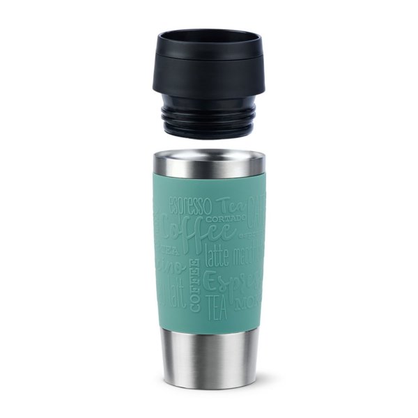 Emsa Isolierbecher mit Gravur (zB Logo) 360ml TRAVEL MUG Manschette petrol, personalisierte Mitarbeitergeschenke Werbegeschenke