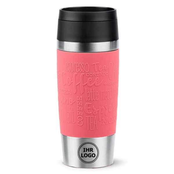 Emsa Isolierbecher mit Gravur (zB Logo) 360ml TRAVEL MUG Manschette koralle, personalisierte Mitarbeitergeschenke Werbegeschenke