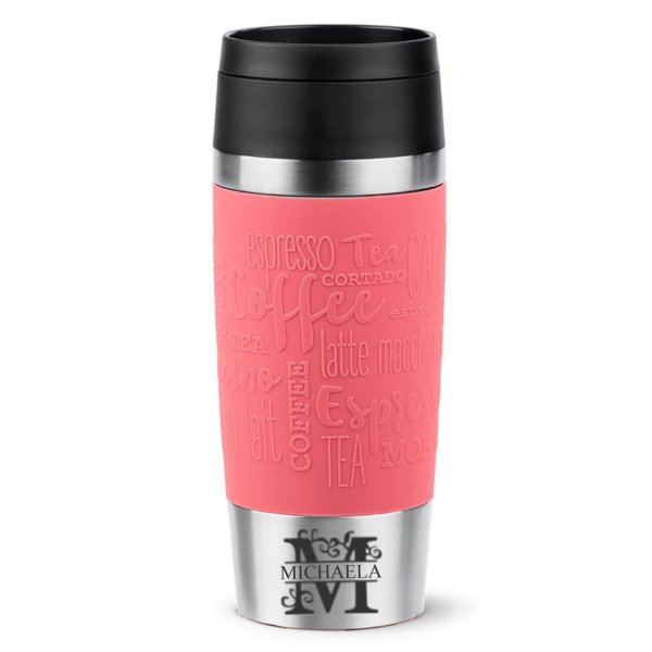 emsa Isolierbecher 360ml mit Gravur Monogramm / Buchstabe (+ Name) Travel Mug Manschette koralle, personalisierter Kaffeebecher Teebecher, Motiv MO1