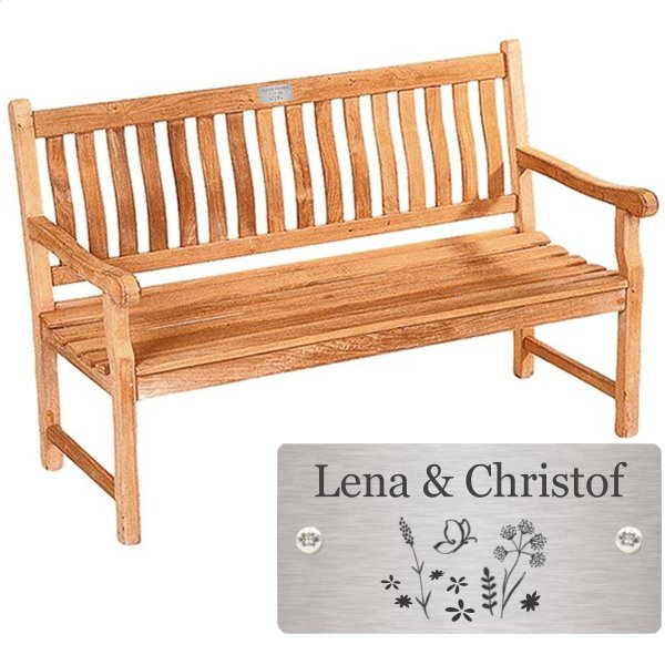 Bank zur Silberhochzeit mit Gravur-Schild zB. Blumenwiese (Namen), Teakholz Gartenbank Mendip 150cm, Edelstahlschild personalisiert, Geschenk 25. Hochzeitstag