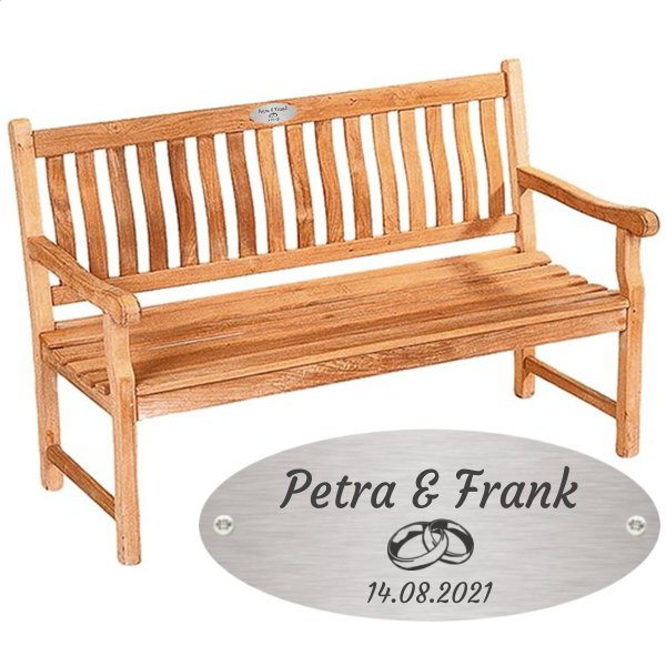 Bank zur goldenen Hochzeit mit Gravur-Schild zB. Ringe (Namen/Datum), Teakholz Gartenbank Mendip 150cm, Edelstahlschild personalisiert, Geschenk zur Goldhochzeit