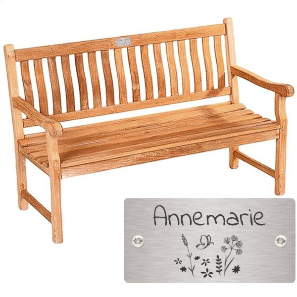 Bank zum Geburtstag mit Gravur-Schild zB. Blumenwiese (Name/Spruch), Teakholz Gartenbank Mendip 150cm, Edelstahlschild personalisiert, Geschenk zum Jubiläum