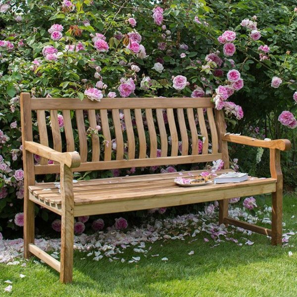 Bank zum Geburtstag mit Gravur-Schild zB. Blumenwiese (Name/Spruch), Teakholz Gartenbank Mendip 150cm, Edelstahlschild personalisiert, Geschenk zum Jubiläum