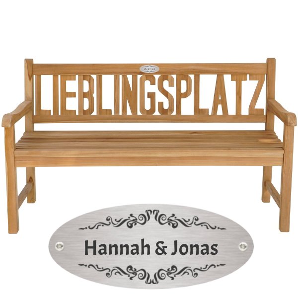 Bank als Hochzeitsgeschenk mit Gravur-Schild zB Ornament (Namen), 3-Sitzer Teakholz Gartenbank Lieblingsplatz, Edelstahlschild personalisiert, Geschenk zur Vermählung