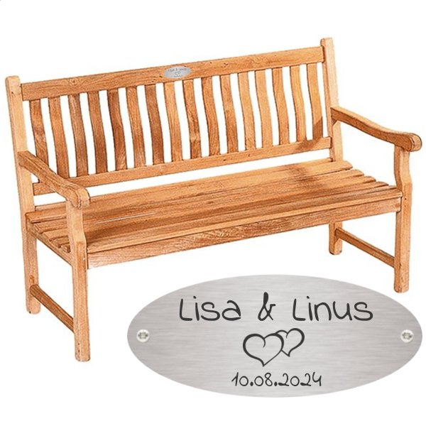 Bank zur Vermählung mit Gravur-Schild zB. Herzen (Namen), Teakholz Gartenbank Mendip 150cm, Edelstahlschild personalisiert, Geschenk für Paare zur Hochzeit