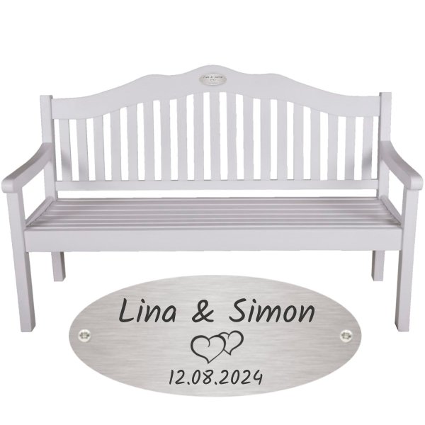 Hochzeit Bank mit Gravur-Schild zB Herzen (Namen/Datum), 3-Sitzer Gartenbank Austin, Edelstahlschild personalisiert, Geschenk für Paare zur Vermählung