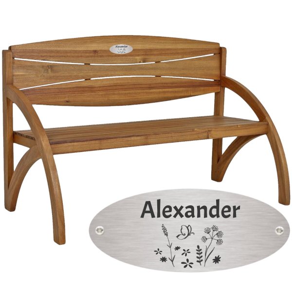 Rentnerbank mit Gravur-Schild zB Blumenwiese (Name/Spruch), Gartenbank Hadia 140cm Akazie geölt, Edelstahlschild personalisiert, Geschenk zum Ruhestand