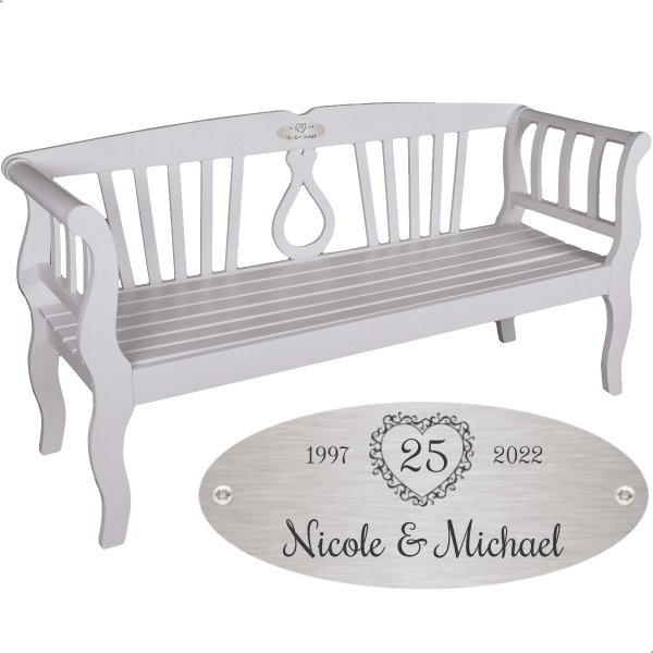 Bank zur Silberhochzeit mit Gravur-Schild zB Herz mit Zahl (Namen), Gartenbank Arcadia 175cm Eukalyptus, Edelstahlschild personalisiert, Geschenk 25. Hochzeitstag