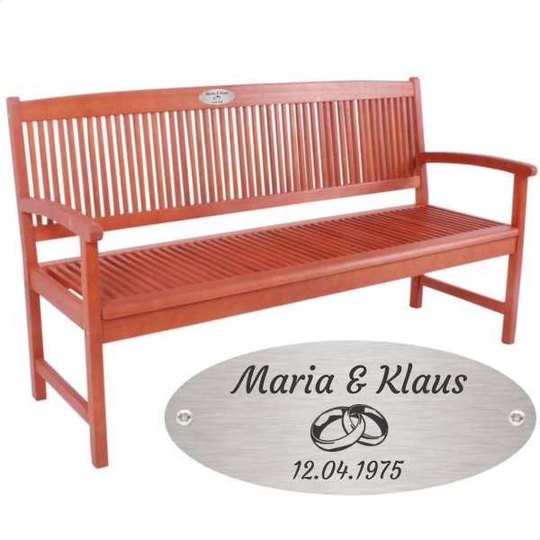 Goldene Hochzeit Bank mit Gravur-Schild zB Ringe (Namen/Datum), 3-Sitzer Gartenbank Stockholm 157cm, Edelstahlschild personalisiert, Geschenk 50. Ehe-Jubiläum