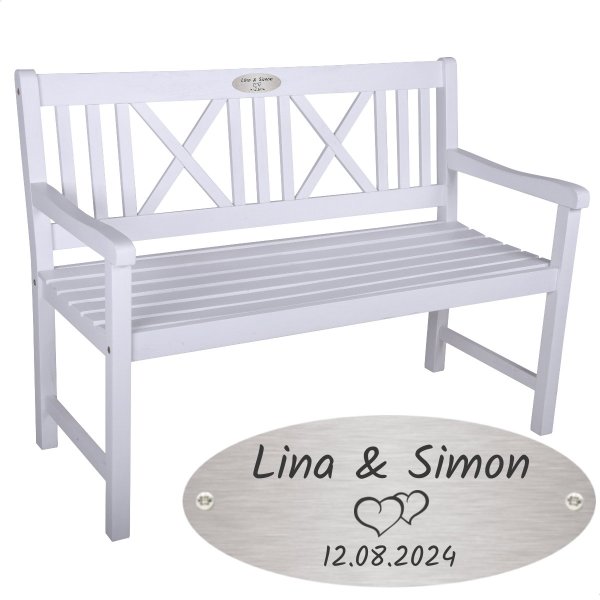 Bank zur Hochzeit mit Gravur-Schild zB Herzen (Namen/Datum), 2-Sitzer Gartenbank Malmö Holz weiß, Edelstahlschild personalisiert, Geschenk zum Hochzeitstag