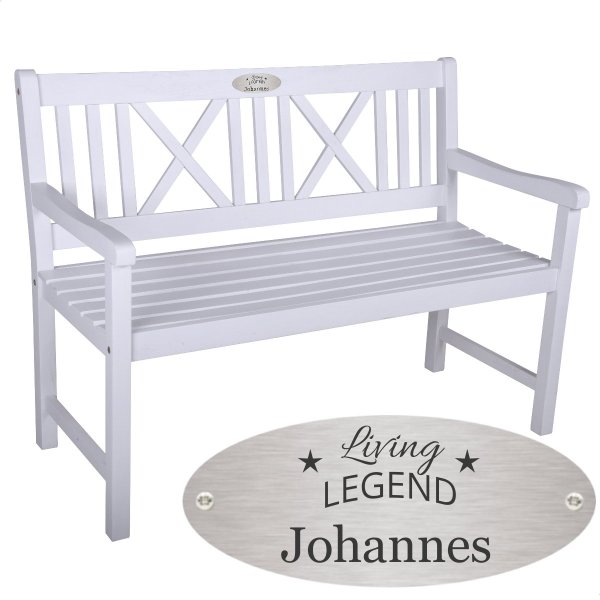 Bank zum Ruhestand mit Gravur-Schild zB Living legend (Namen), 2-Sitzer Gartenbank Malmö Holz weiß, Edelstahlschild personalisiert, Geschenk für Rentner