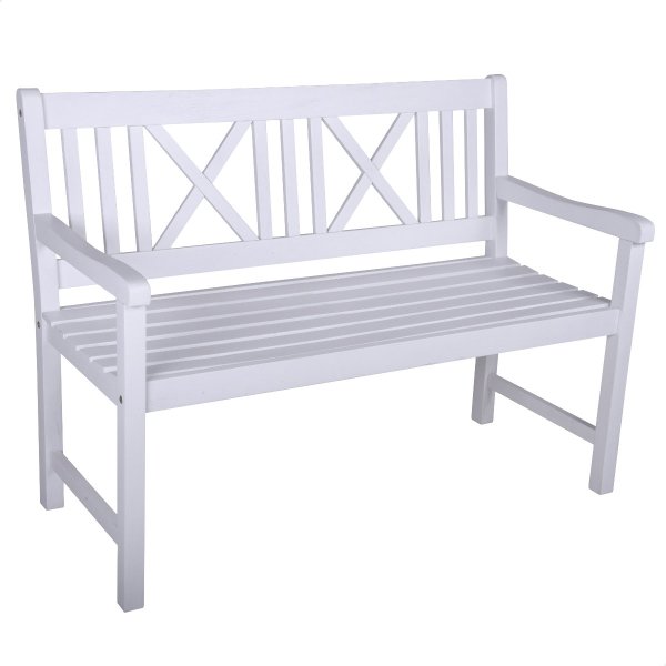 Bank zum Ruhestand mit Gravur-Schild zB Living legend (Namen), 2-Sitzer Gartenbank Malmö Holz weiß, Edelstahlschild personalisiert, Geschenk für Rentner