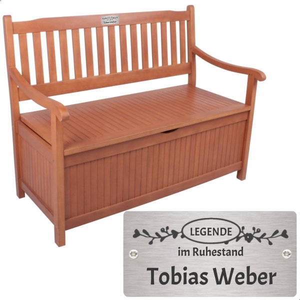 Rentnerbank mit Gravur-Schild zB Legende im Ruhestand (Namen), 2-Sitzer Holz-Bank Houston mit Staufach Truhenbank 107cm, Edelstahlschild personalisiert, Geschenkidee