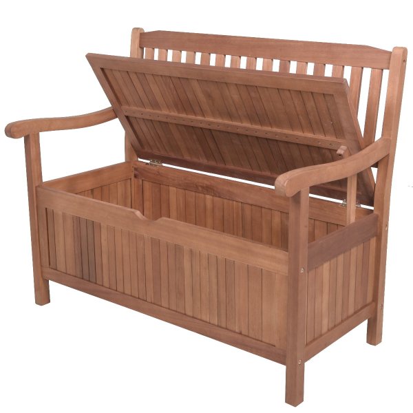 Rentnerbank mit Gravur-Schild zB Legende im Ruhestand (Namen), 2-Sitzer Holz-Bank Houston mit Staufach Truhenbank 107cm, Edelstahlschild personalisiert, Geschenkidee