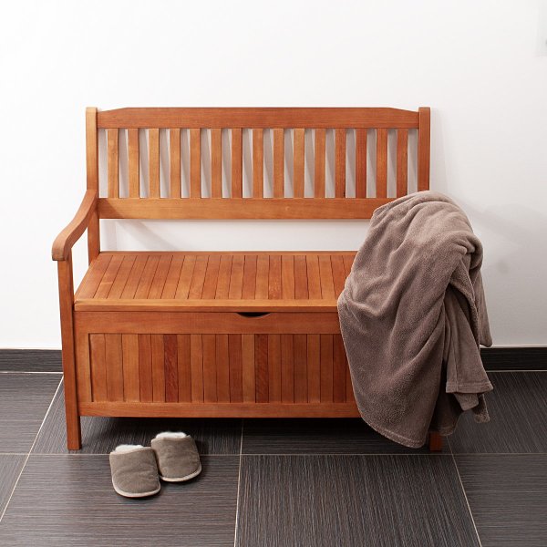 Rentnerbank mit Gravur-Schild zB Legende im Ruhestand (Namen), 2-Sitzer Holz-Bank Houston mit Staufach Truhenbank 107cm, Edelstahlschild personalisiert, Geschenkidee