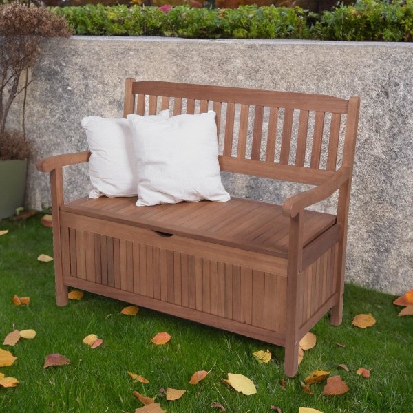 Rentnerbank mit Gravur-Schild zB Legende im Ruhestand (Namen), 2-Sitzer Holz-Bank Houston mit Staufach Truhenbank 107cm, Edelstahlschild personalisiert, Geschenkidee