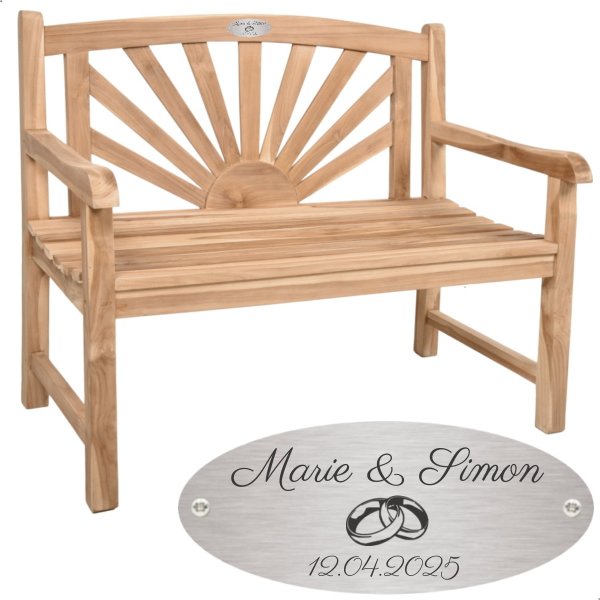 Bank zur Hochzeit mit Gravur-Schild zB Ringe (Namen/Datum), 2-Sitzer Teakholz Gartenbank Marisa Sonne 110cm, Edelstahlschild personalisiert, Geschenk zur Vermählung