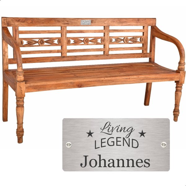 Rentnerbank mit Gravur-Schild zB Living legend (Namen), 3-Sitzer Holz-Bank Moyo natur-antik 150cm, Edelstahlschild personalisiert, Geschenk zum Ruhestand