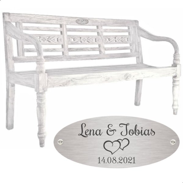 Hochzeitsbank mit Gravur-Schild zB Herzen (Namen/Datum), 3-Sitzer Holz-Bank Moyo antik-weiß 150cm, Edelstahlschild personalisiert, Geschenk für Paare zur Vermählung