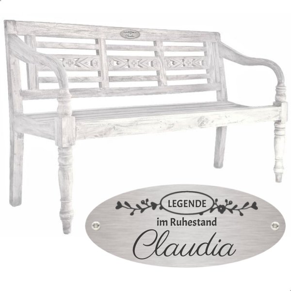 Rentnerbank mit Gravur-Schild zB Legende im Ruhestand (Name), 3-Sitzer Holz-Bank Moyo antik-weiß 150cm, Edelstahlschild personalisiert, Geschenk zur Rente