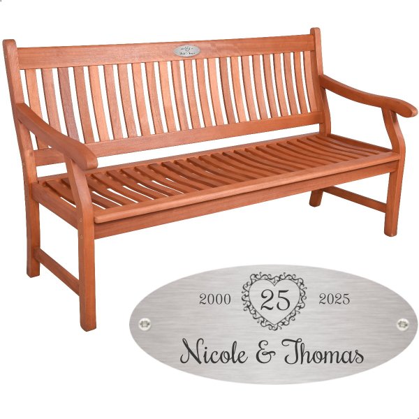 Bank zur Silberhochzeit mit Gravur-Schild zB Herz mit Zahl (Namen), 3-Sitzer Gartenbank New Jersey 158cm Eukalyptus, Edelstahlschild personalisiert, Geschenk 25. Hochzeitstag