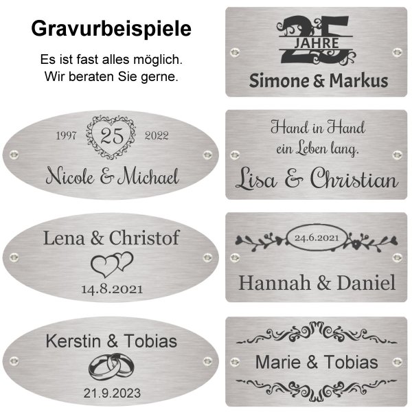 Bank zur Silberhochzeit mit Gravur-Schild zB Herz mit Zahl (Namen), 3-Sitzer Gartenbank New Jersey 158cm Eukalyptus, Edelstahlschild personalisiert, Geschenk 25. Hochzeitstag