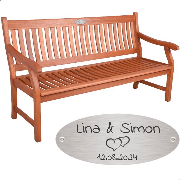 Bank zur Hochzeit mit Gravur-Schild zB Herzen (Namen/Datum), 3-Sitzer Gartenbank New Jersey 158cm Eukalyptus, Edelstahlschild personalisiert, Geschenk zum Hochzeitstag