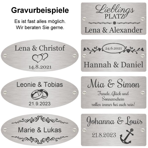 Bank zur Hochzeit mit Gravur-Schild zB Herzen (Namen/Datum), 3-Sitzer Gartenbank New Jersey 158cm Eukalyptus, Edelstahlschild personalisiert, Geschenk zum Hochzeitstag