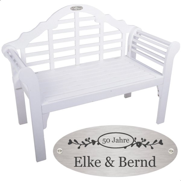 Bank zur Goldhochzeit mit Gravur-Schild zB Ranken (Namen), 2-Sitzer Gartenbank Pattaya 124cm klappbar, Holz weiß, Edelstahlschild personalisiert, Geschenk 50. Hochzeitstag