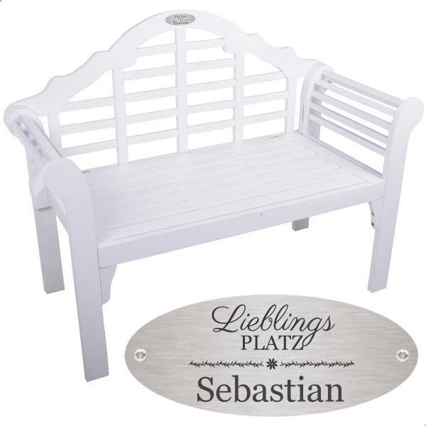 Bank für Rentner mit Gravur-Schild zB Lieblingsplatz (Namen), 2-Sitzer Gartenbank Pattaya 124cm klappbar, Holz weiß, Edelstahlschild personalisiert, Geschenk zum Ruhestand
