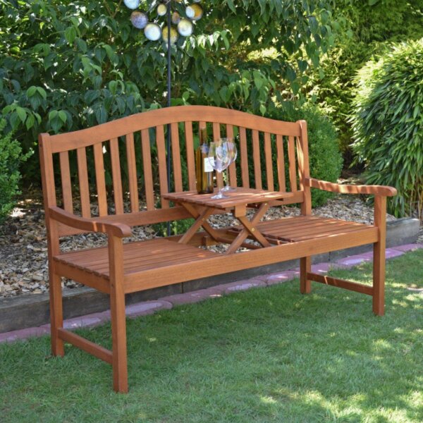 Goldene Hochzeit Bank mit Gravur-Schild zB Zahl (Namen), Klapptisch Gartenbank Phuket 150cm Eukalyptusholz, Edelstahlschild personalisiert, Geschenk 50. Hochzeitstag