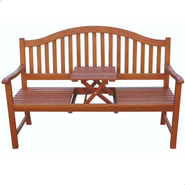 Bank zur Vermählung mit Gravur-Schild zB Herzen (Namen/Datum), Klapptisch Gartenbank Phuket 150cm Eukalyptusholz, Edelstahlschild personalisiert, Geschenk zur Hochzeit